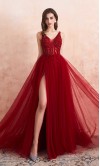 Long Beaded Red Prom Dresses V-neck Thigh Slits KSP608