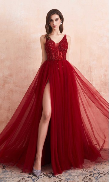 Red jewel tone slit prom dresses