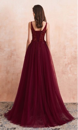 Long ruby red beaded prom dress with V-neckline and high leg slit KSP608