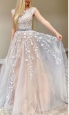 Illusion Neck Appliqued Long Prom Gown Dress KSP609
