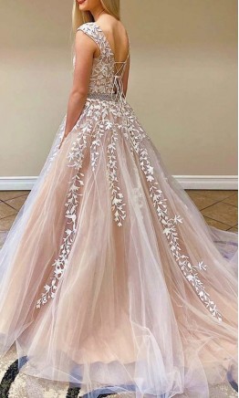 Illusion Neck Appliqued Long Prom Gown Dress 