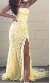 Strapless Yellow Mermaid Prom Dresses Slit KSP610