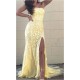 Strapless Yellow Mermaid Prom Dresses Slit KSP610