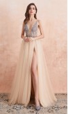 Light Champagne Sequined Long Prom Dresses Slit KSP611