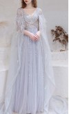 Bedazzled Fringe Opera Cape Grey Prom Dresses Long KSP613