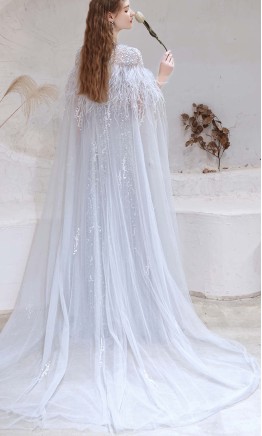 Bedazzled Fringe Opera Cape Grey Prom Dress KSP613