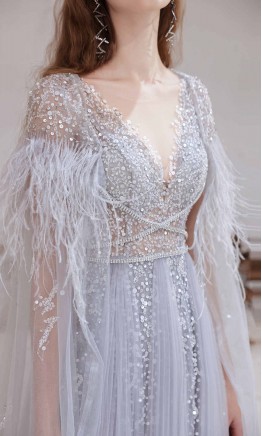 Bedazzled Fringe Opera Cape  Long Grey Prom Dresses