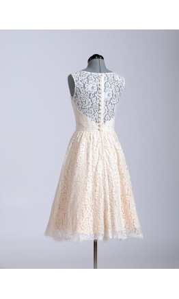 Knee-length ivory lace vintage party dress with short sleeves and scoop neckline KSP296